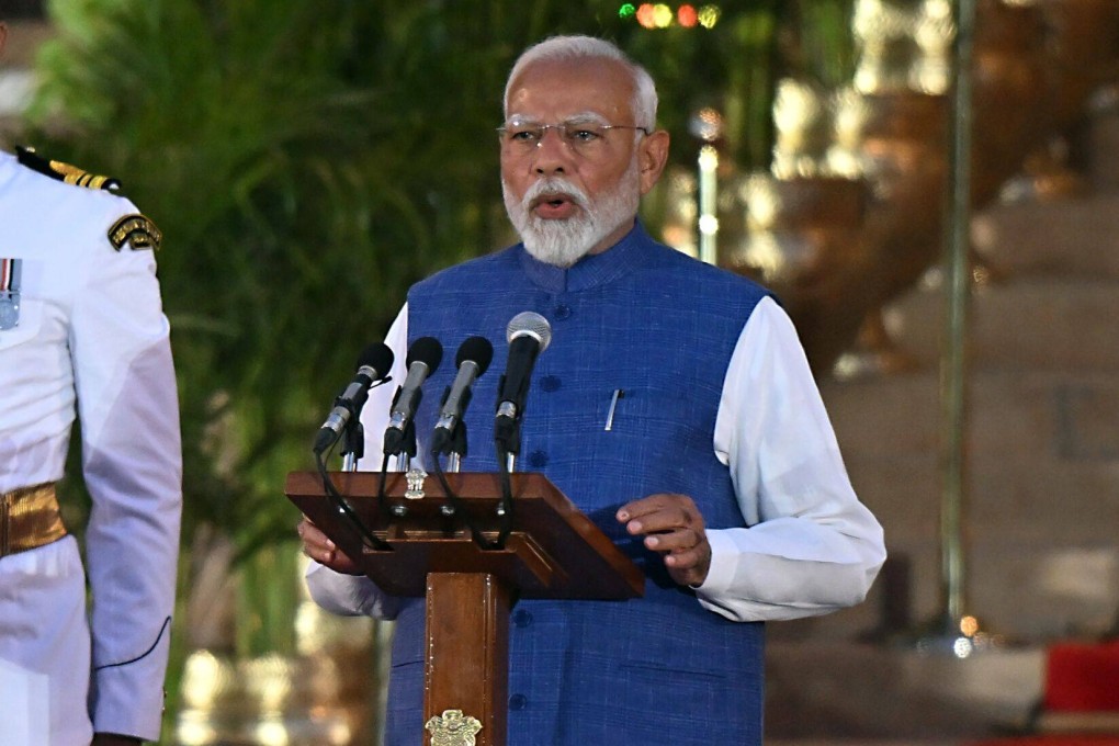 Indian Prime Minister Narendra Modi speaks at his swearing-in ceremony on Sunday. On the same day, unidentified militants opened fire on a bus carrying Hindu pilgrims in Indian-administered Kashmir, killing nine. Photo: Bloomberg