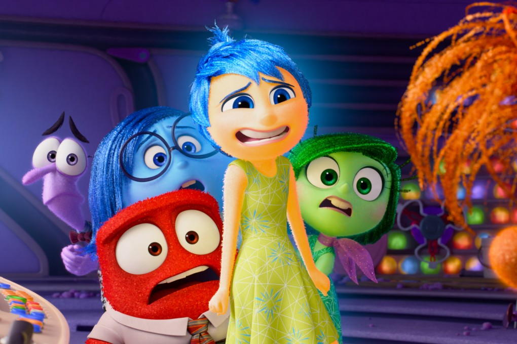 Inside Out 2 follows the emotions of 13-year-old Riley. This time the original emotions (left of screen, clockwise from left: Fear, Sadness, Joy, Disgust and Anger) are joined by Anxiety (right), Envy, Embarrassment and others. Image: Disney/Pixar