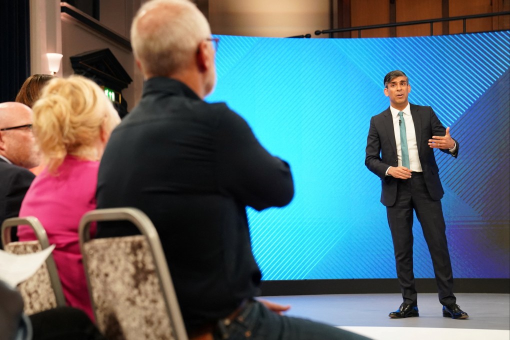British Prime Minister Rishi Sunak, addresses the audience during a Sky News election event in Grimsby on Wednesday. Photo: Reuters