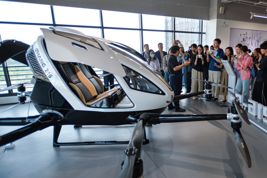 A pilotless passenger drone on display in Guangzhou. One lawmaker has said Hong Kong could use the uncrewed aircraft to take tourists on sightseeing flights. Photo: Xinhua