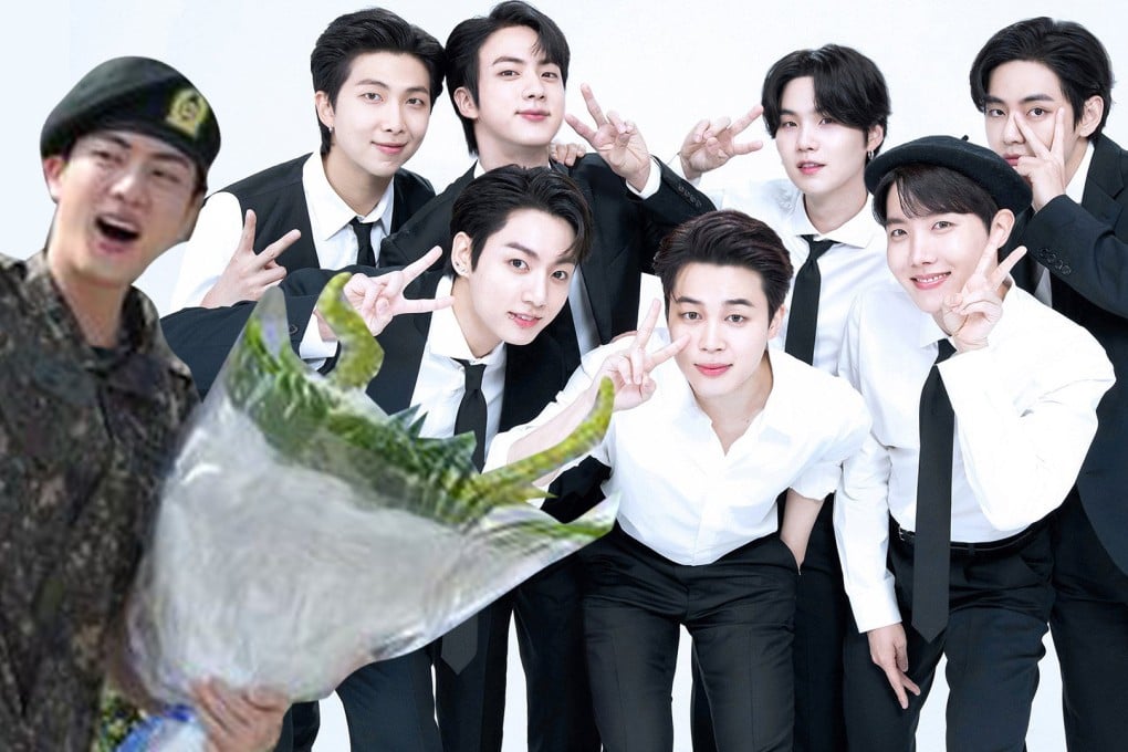 Jin, the oldest member of South Korean boy band BTS, has marked the end of his compulsory military service by giving out free hugs to 1,000 fans at a special event in Seoul. Photo: SCMP composite/Reuters/Facebook