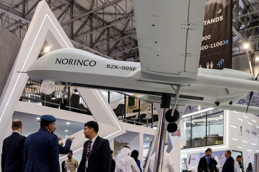 A Chinese Harbin BZK-005 unmanned drone is displayed at the 2023 Dubai Airshow. China’s new export controls on military-related materials comes amid US technology and trade tensions and Western pressure to not back Russia in the Ukraine war. Photo: AFP