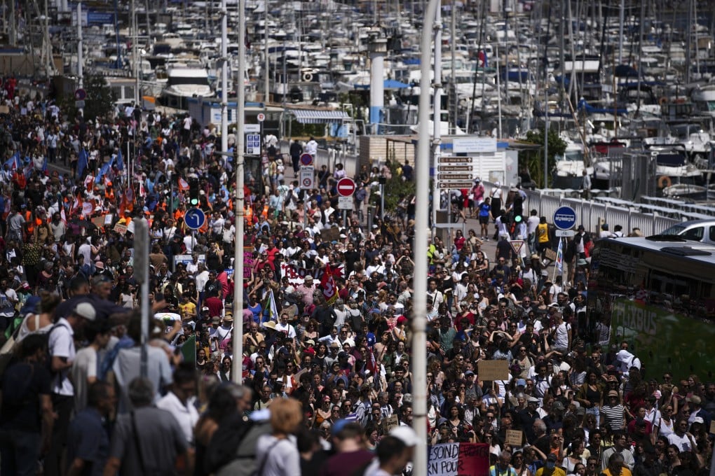 Protesters march in Marseille, southern France, on Saturday. Anti-racism groups also joined unions and a brand-new left-wing coalition in Paris and across France against the surging nationalist far right amid frenzied campaigning ahead of snap parliamentary elections. Photo: AP