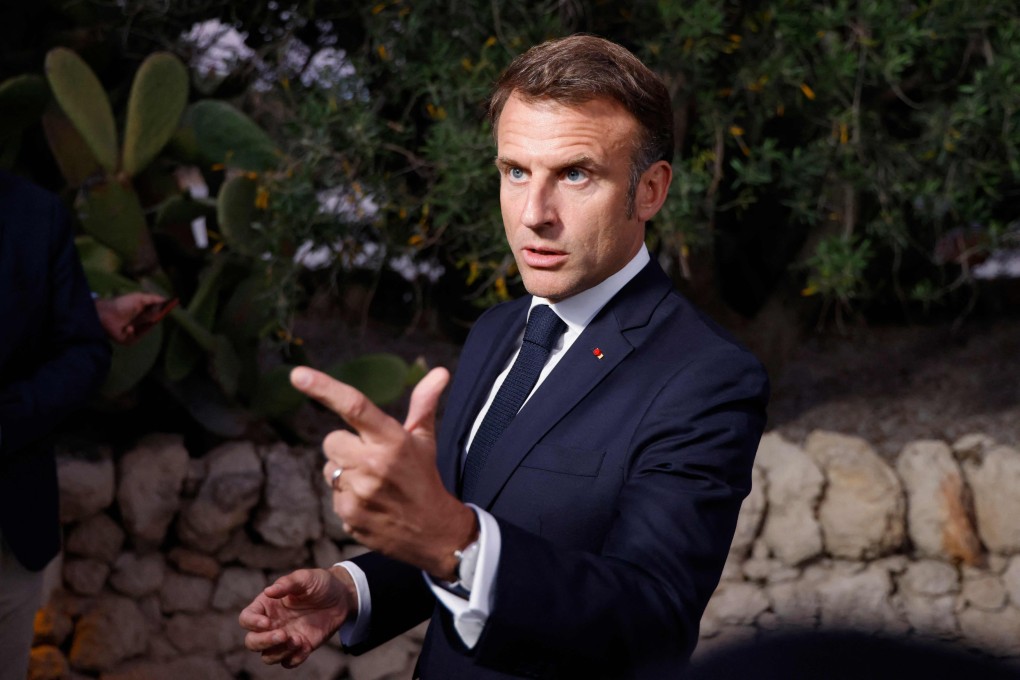 French President Emmanuel Macron speaks to the media during the G7 Summit in Savelletri, Italy, on June 14. Photo: AFP