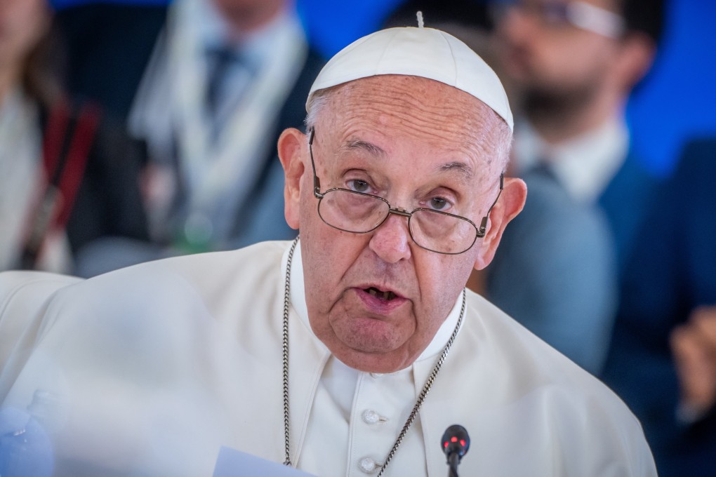 Pope Francis speaks during the G7 leaders’ summit at the Borgo Egnazia resort in Italy on Friday. Photo: dpa