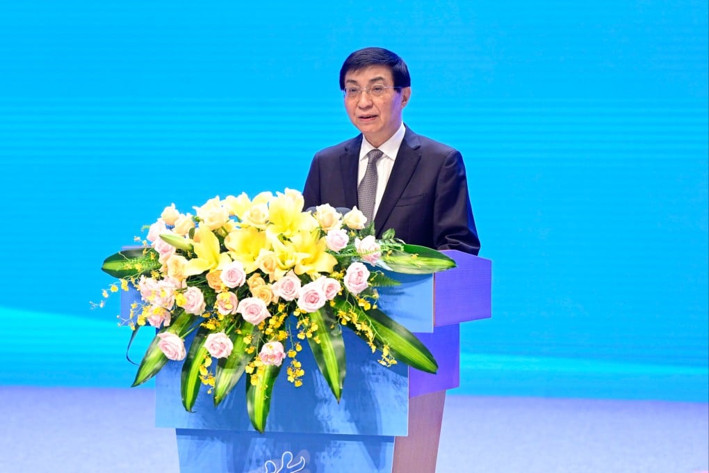 Wang Huning, mainland China’s top political adviser and No. 4 official, addresses the 16th Straits Forum in Xiamen on Saturday. Photo: Xinhua
