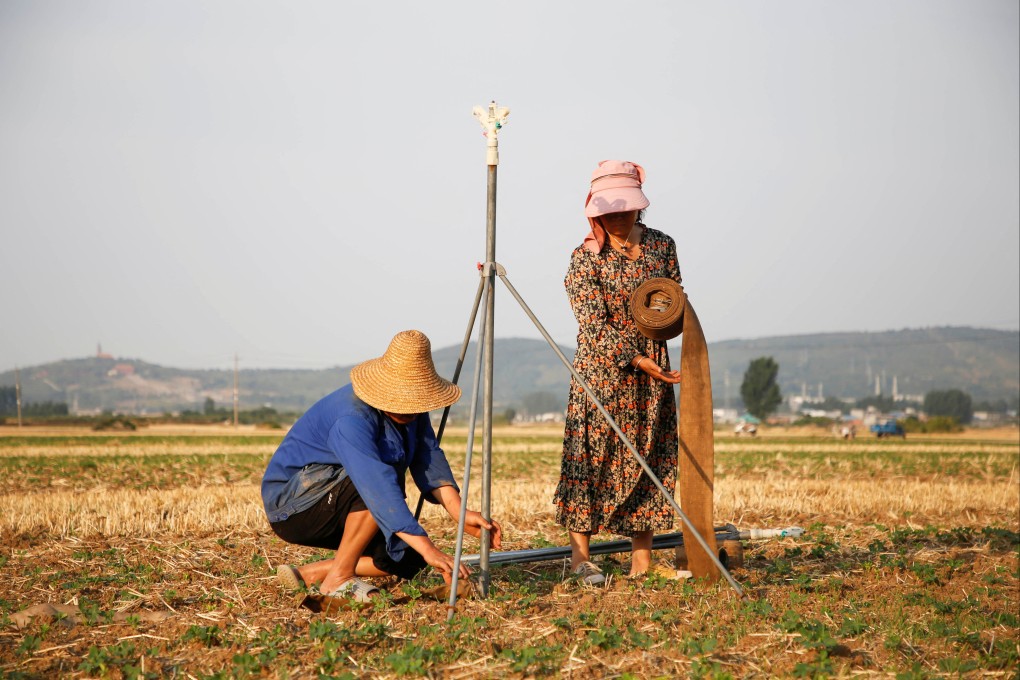 Farmers set up watering facilities on to cope with high temperatures and drought in Henan’s Baofeng county. Photo: Reuters