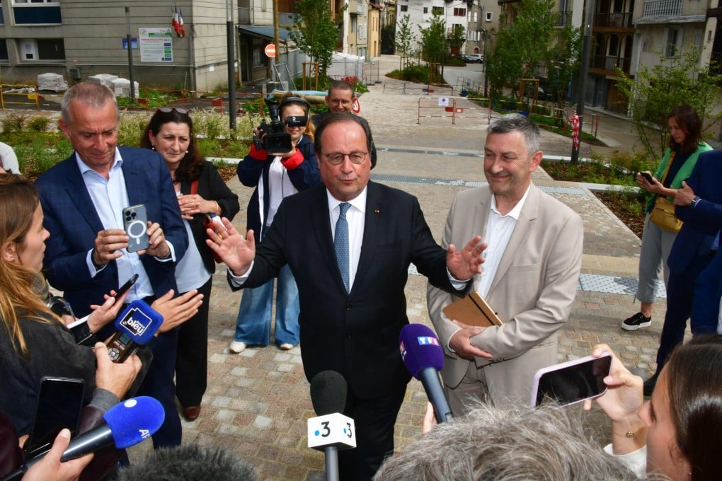 Former French president Francois Hollande (centre) announces his candidacy ahead of France’s upcoming legislative elections in Tulle on Saturday. Photo: AFP