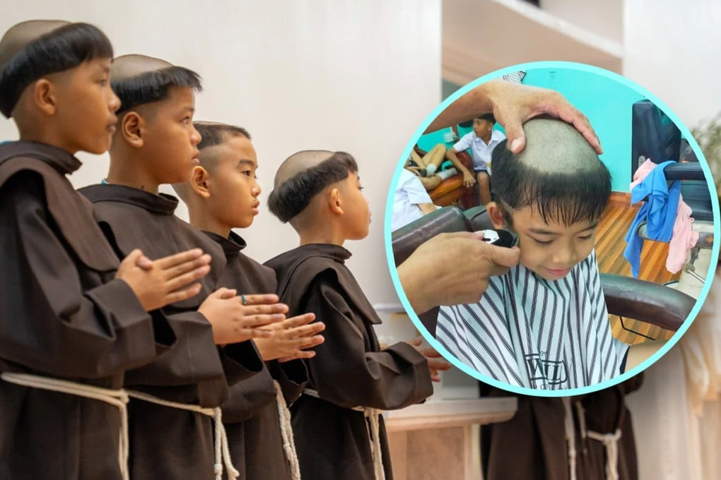 A Catholic church in Thailand faced criticism for providing students with “embarrassing” haircuts resembling those of 4th-century friar tuck monks. Photo: SCMP composite/Facebook
