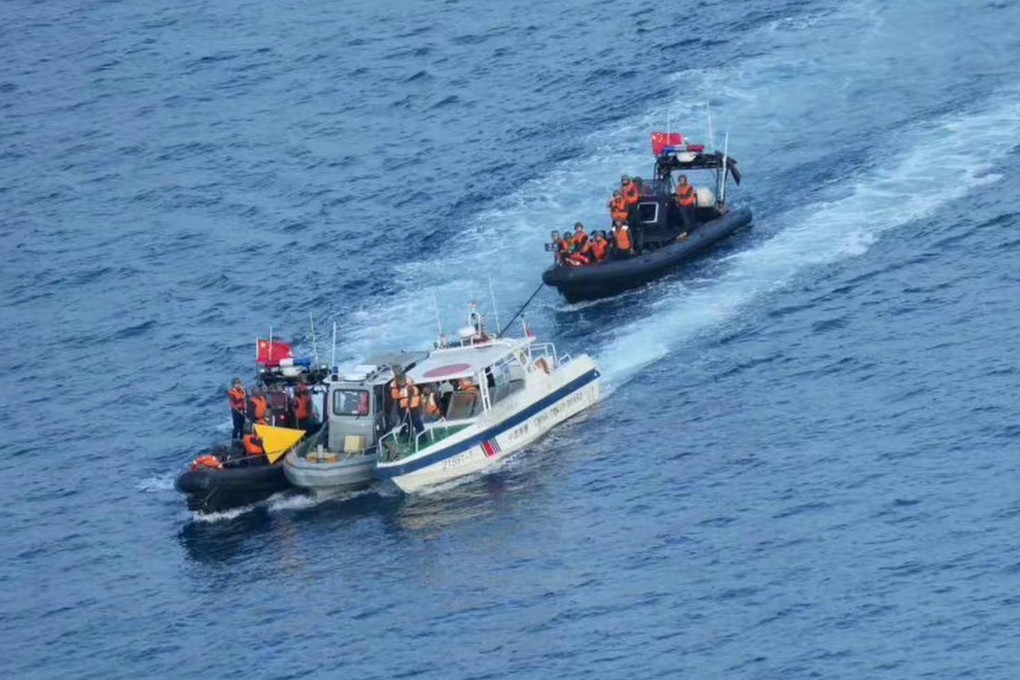 Chinese boats including a coastguard ship intercept a Philippine resupply boat headed to the disputed Second Thomas Shoal on Monday. Photo: CCTV