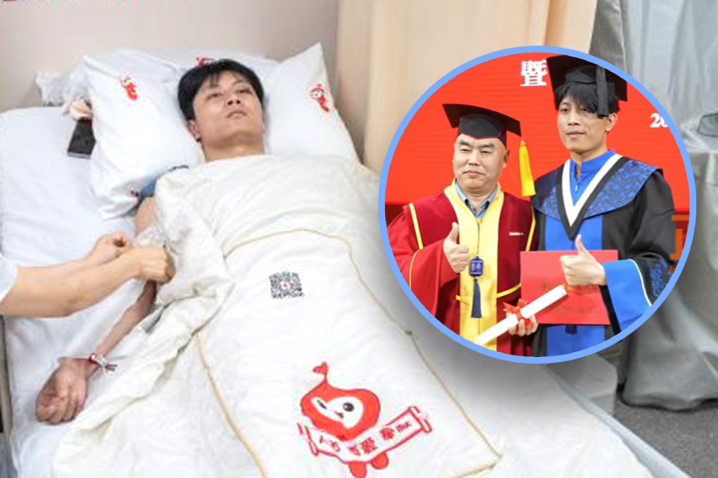 A life-saving university student in China has been given a special lone graduation ceremony because he missed the official event due to the fact that he was donating stem cells. Photo: SCMP composite/Douyin/jcu.edu.cn