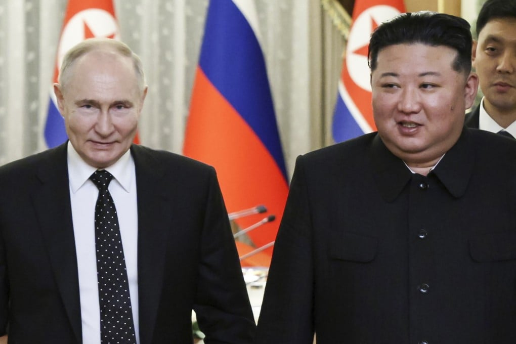 Russian President Vladimir Putin, left, and North Korea’s leader Kim Jong-un meet in Pyongyang, North Korea on Wednesday. Photo: Kremlin Pool via AP