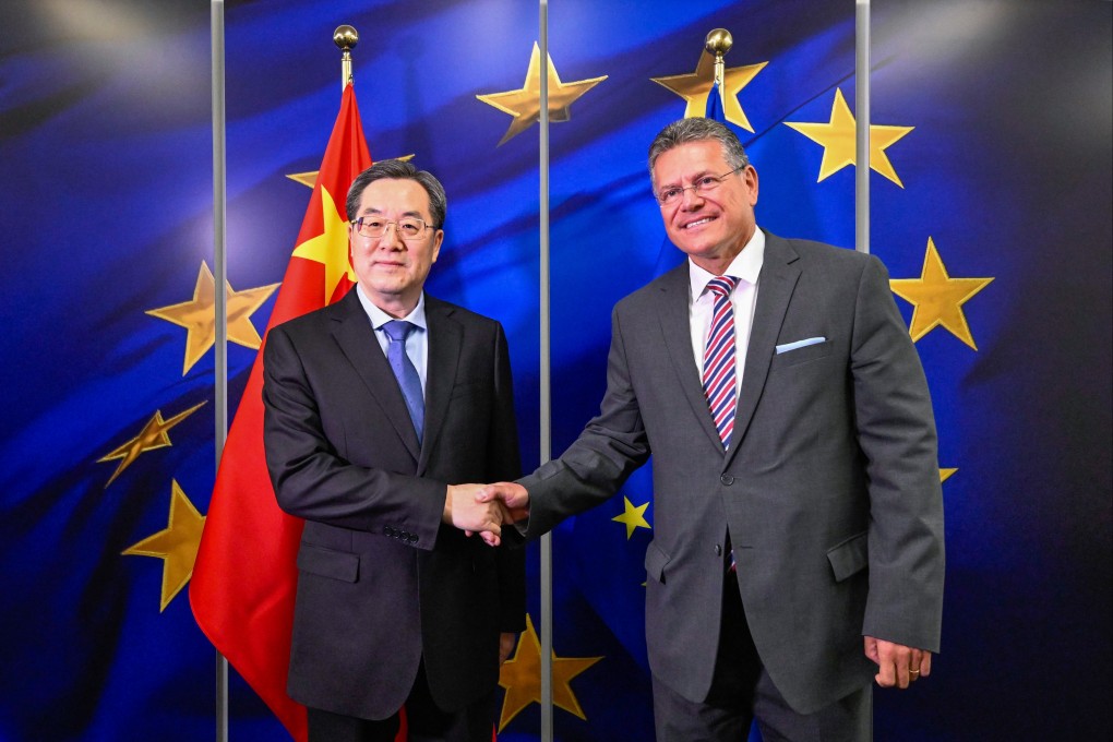 Chinese Vice-Premier Ding Xuexiang with Maros Sefcovic, European Commission executive vice-president, in Brussels on Tuesday. Photo: Xinhua