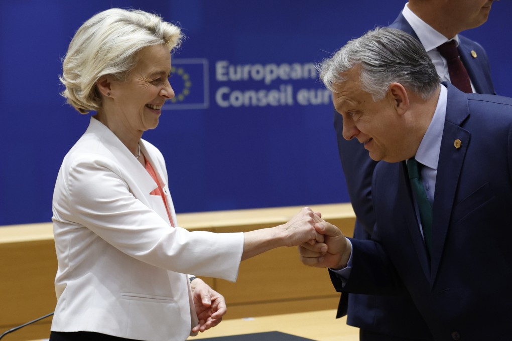 Hungary’s Prime Minister Viktor Orban is greeted by European Commission President Ursula von der Leyen in Brussels on Monday. Photo: AP