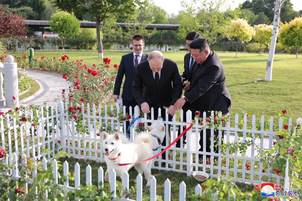 Russia’s President Vladimir Putin (centre) and North Korean leader Kim Jong-un pet dogs during a walk in the garden of the Kumsusan Guesthouse in Pyongyang. Photo: KCNA via Reuters
