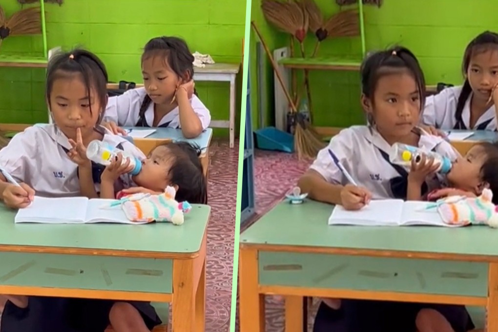 A 10-year-old girl in Thailand has melted hearts on social media after a video emerged of her feeding her baby sister milk while she took notes during class time. Photo: SCMP composite/TikTok