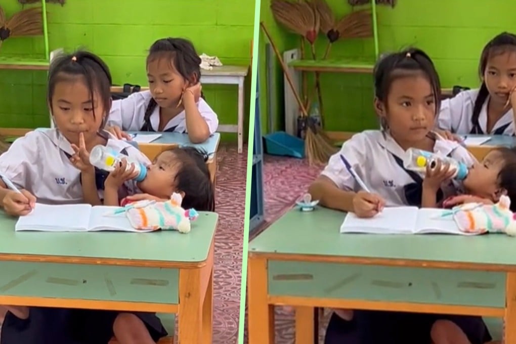 A 10-year-old girl in Thailand has melted hearts on social media after a video emerged of her feeding her baby sister milk while she took notes during class time. Photo: SCMP composite/TikTok