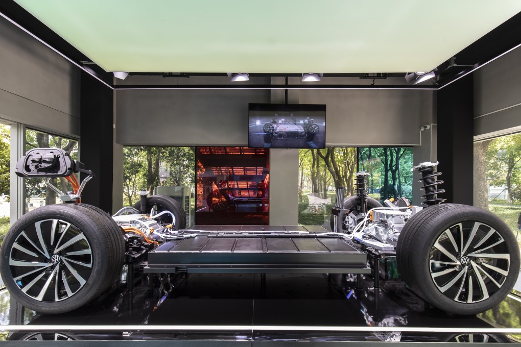 Volkswagen’s Modular Electric Drive Matrix (MEB), on display in Shanghai on April 18, 2021. Photo: Bloomberg