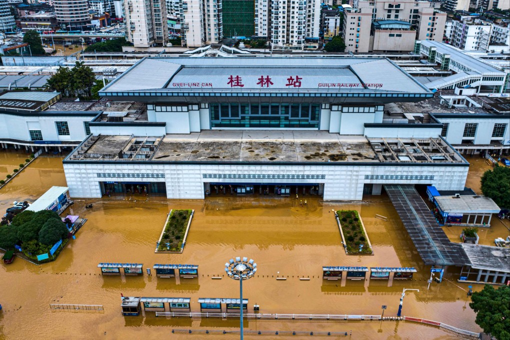 Floods swamp the main railway station in Guilin, in Guangxi Zhuang autonomous region, on Thursday as the area battles extreme weather. Photo: AFP