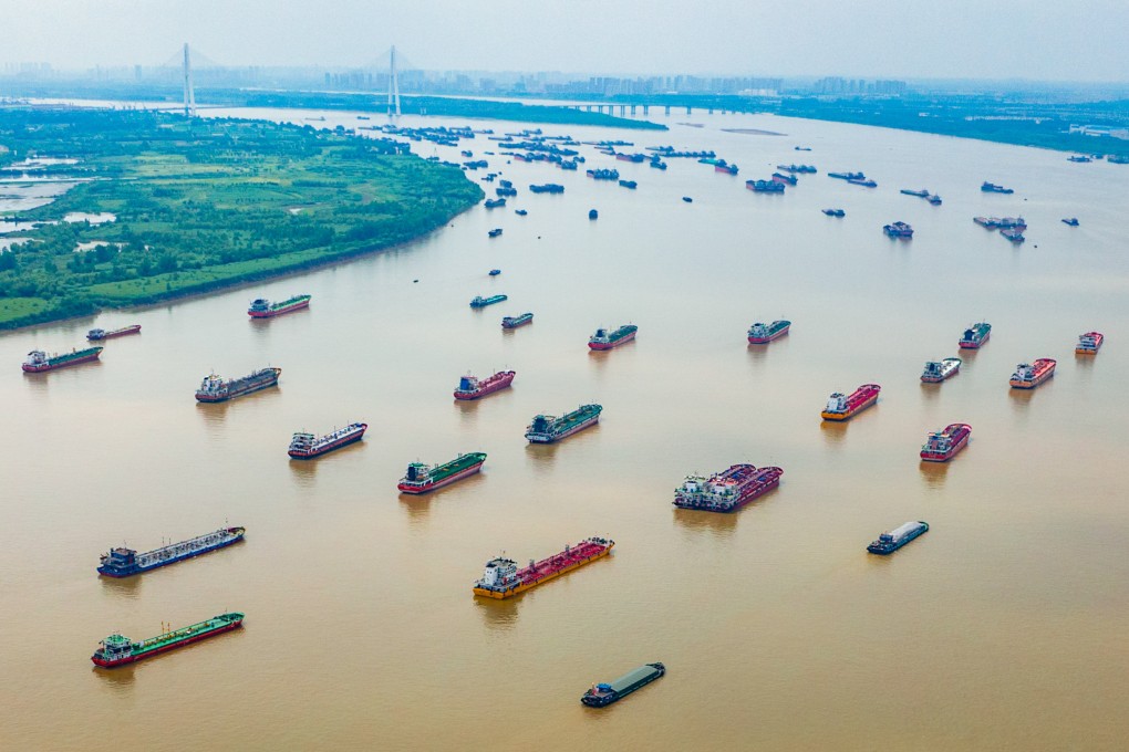 An aerial view of the Yangtze River near Yangluo Port in Wuhan in central China’s Hubei province is seen on June 1. Experts say the sagging efficiency of the waterway must improve to boost the region’s economy. Photo: Xinhua