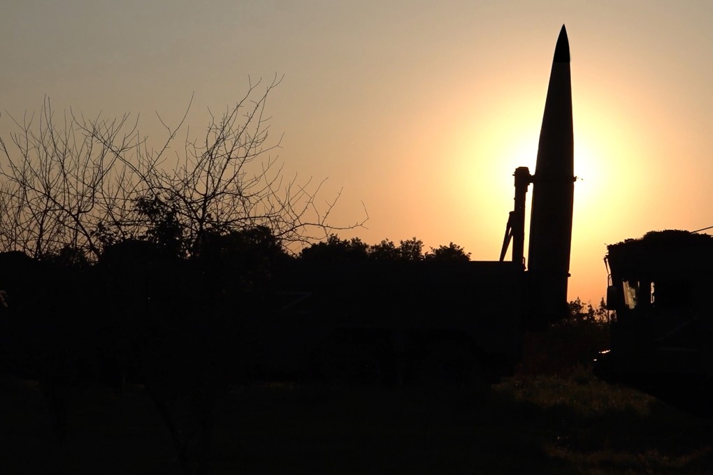 A Russian Iskander missile is seen during drills to train the military for using tactical nuclear weapons at an undisclosed location in Russia. Photo: Russian Defence Ministry Press Service via AP