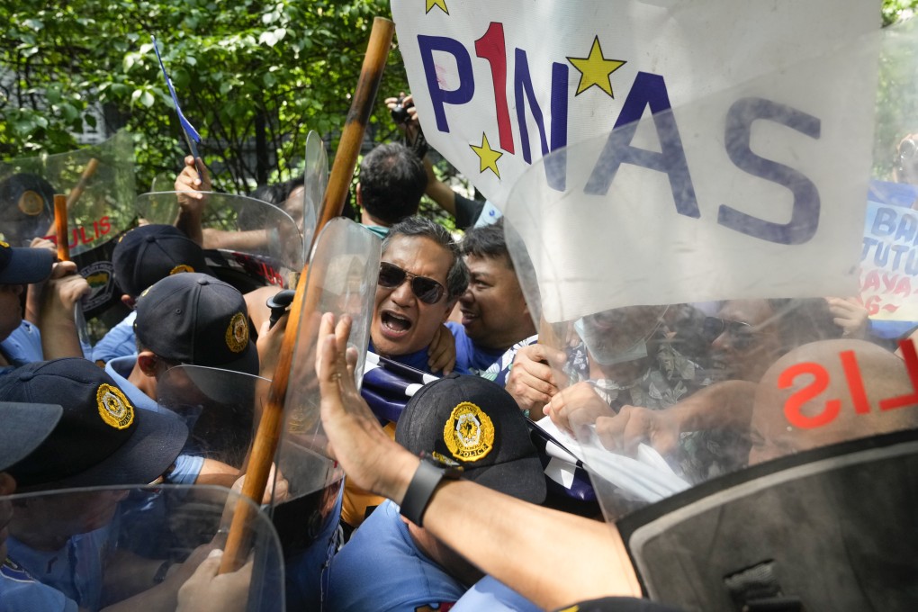 Police block activists near the Chinese consulate in Makati, Philippines on June 14. The group is protesting against China’s continued aggression in South China Sea. Photo: AP
