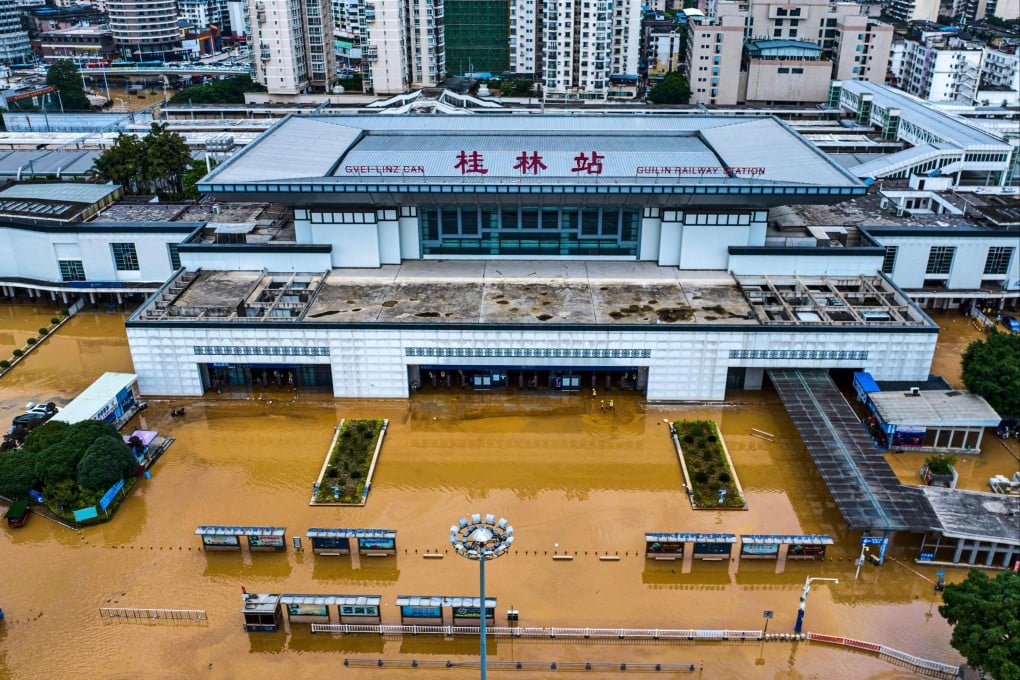 An aerial photo shows a flooded area outside the Guilin Railway Station after storms in southwestern China’s Guangxi province. Photo: AFP