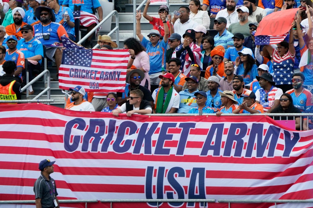 US fans cheer during the ICC men’s Twenty20 World Cup 2024 group A cricket match between the United States and India at Nassau County International Cricket Stadium in East Meadow, New York on June 12. Photo: AFP