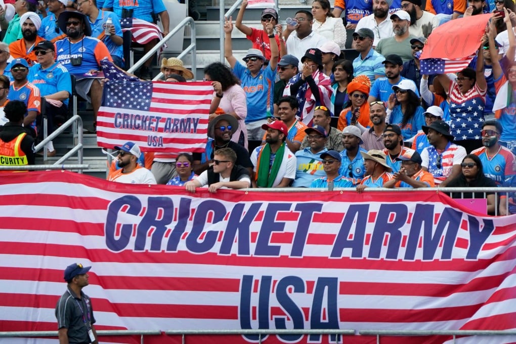US fans cheer during the ICC men’s Twenty20 World Cup 2024 group A cricket match between the United States and India at Nassau County International Cricket Stadium in East Meadow, New York on June 12. Photo: AFP
