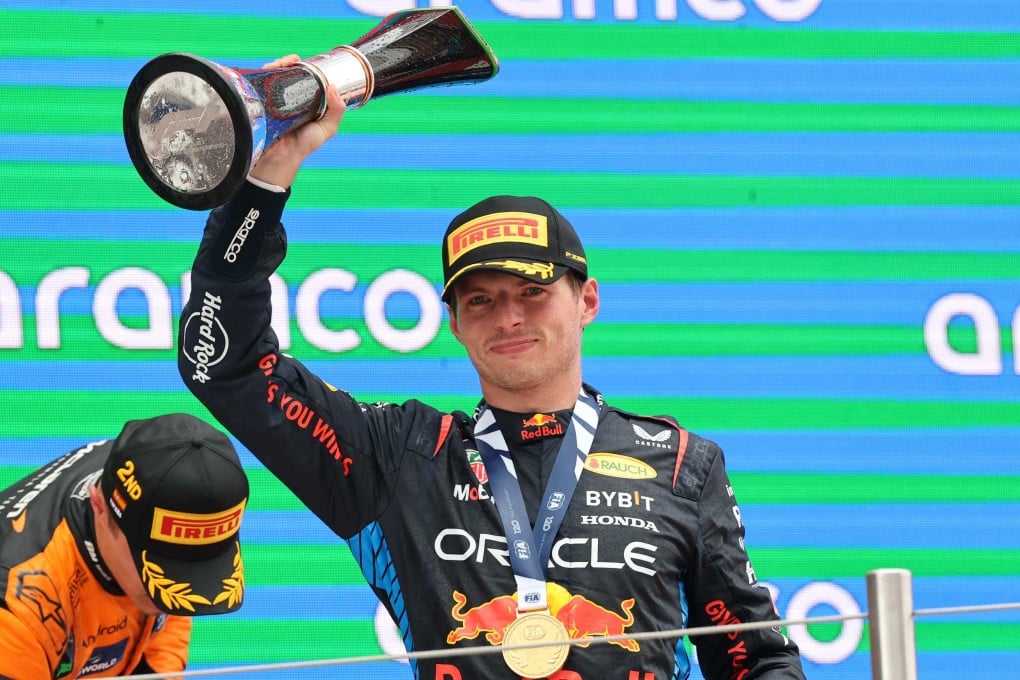 Red Bull’s Dutch driver Max Verstappen celebrates on the podium after winning the Spanish Formula One Grand Prix on Sunday. Photo: AFP