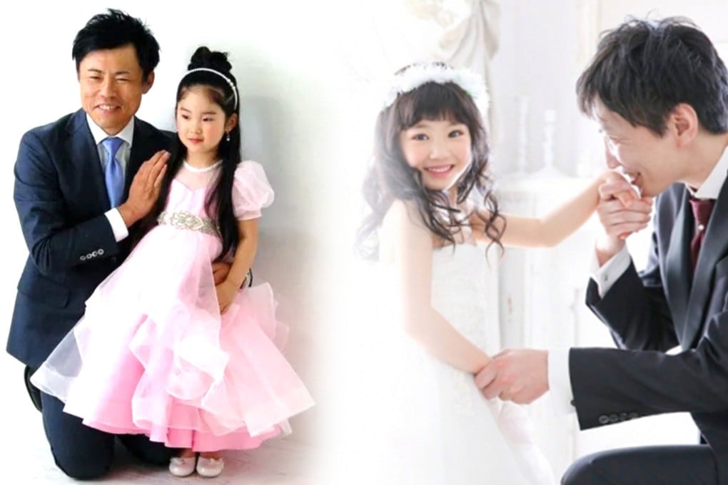 A photo studio in Japan has found itself in hot water for encouraging young girls to dress up in wedding dresses and pose as “daddy’s little bride”. Photo: SCMP composite/happilyphoto.jp
