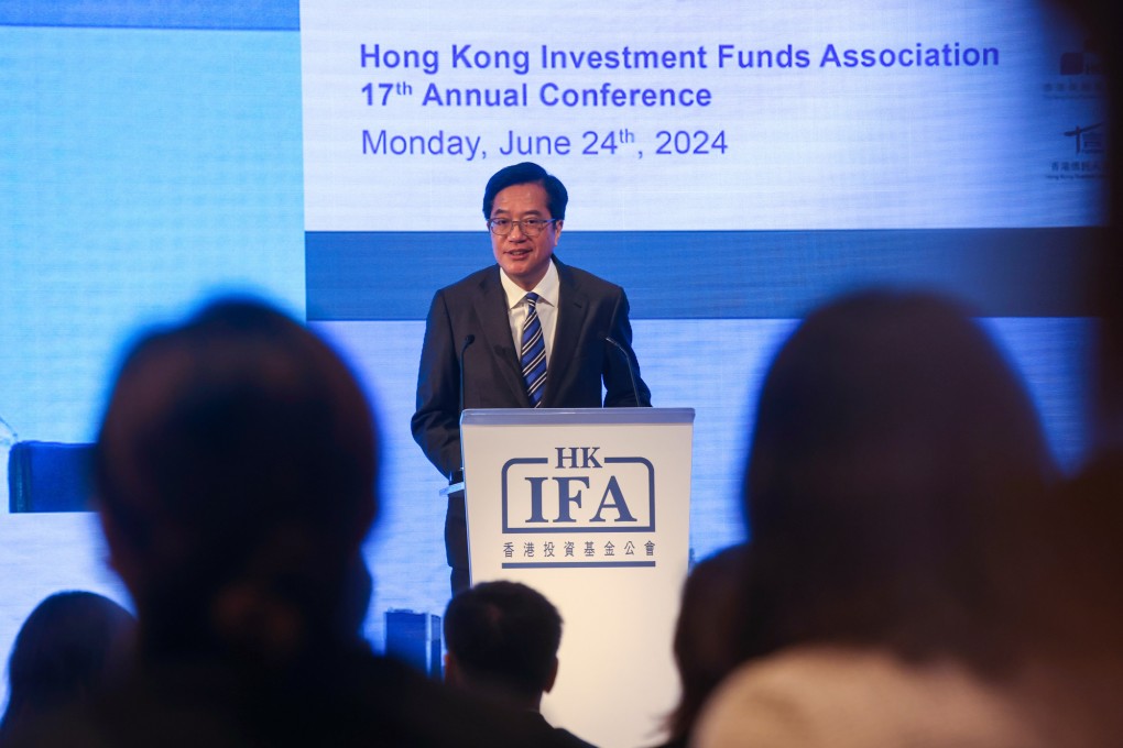 Deputy Financial Secretary Michael Wong, speaking at Hong Kong Investment Funds Association 17th Annual Conference, at JW Marriott in Admiralty on June 24, 2024. Photo: Jonathan Wong