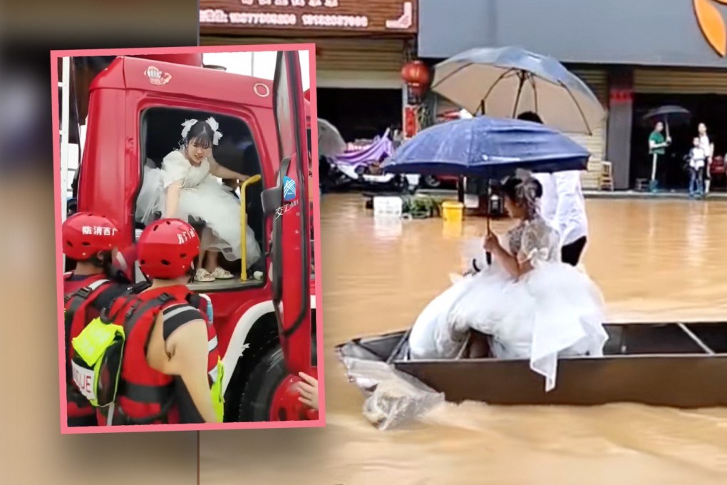 A determined couple in rural China did not let severe flooding rain on their wedding day parade. Photo: SCMP composite/Douyin