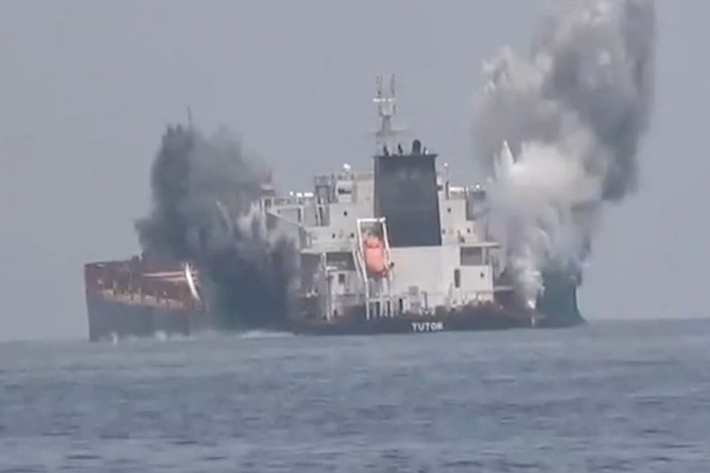 Smoke rises after an explosion on the MV Tutor in the Red Sea on June 12. Photo: Houthi Media Centre via Reuters