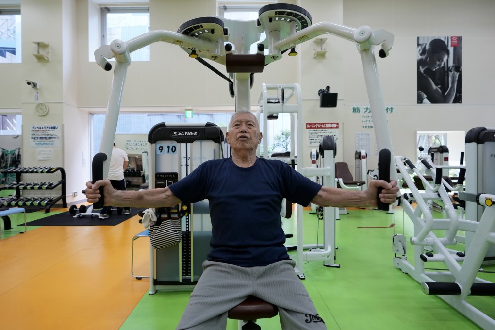 Shigeo Takahashi, 83, uses a pec deck machine as he works out at the Fukagawa Sports Centre in Tokyo, Japan. Photo: AP