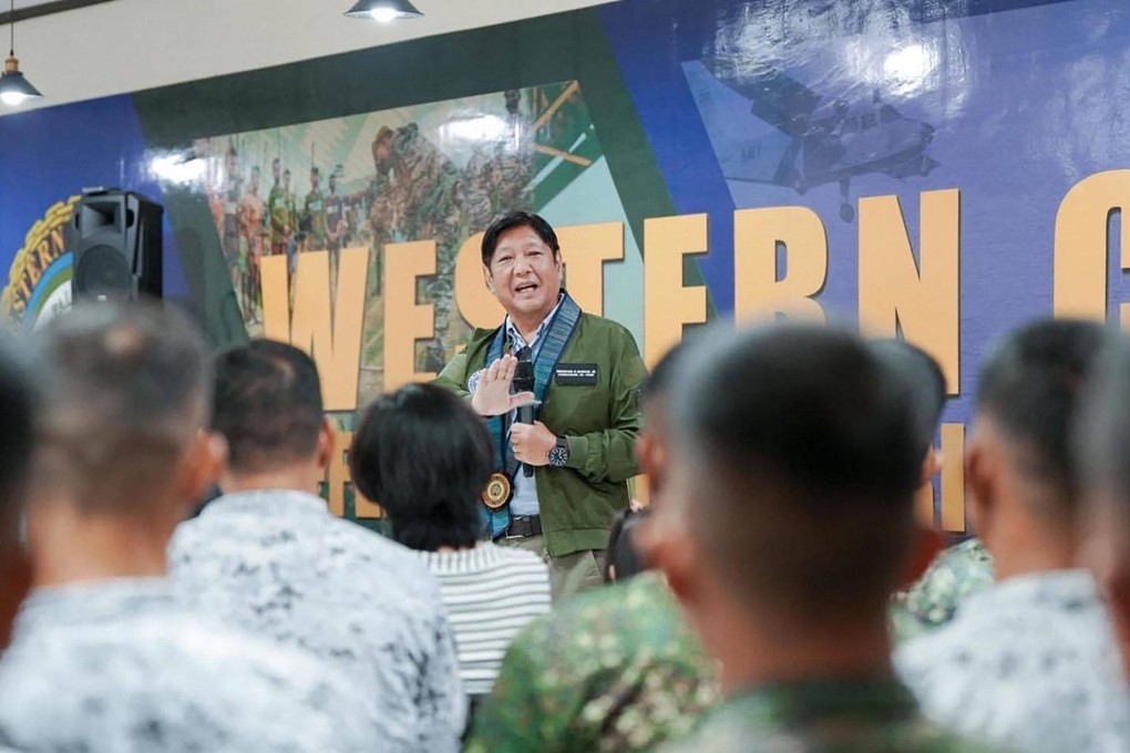Philippine President Ferdinand Marcos Jnr speaks to troops at the Philippines’ South China Sea Forces Headquarters in Puerto Princesa, Palawan on Sunday. Photo: Presidential Communications Office/Handout via AFP