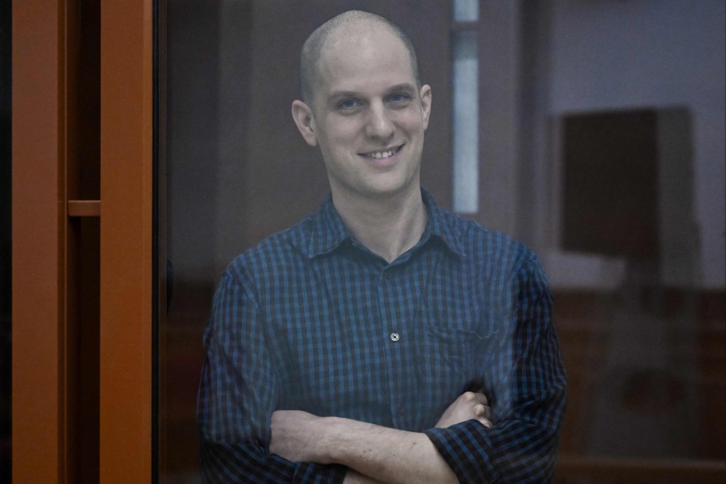 US journalist Evan Gershkovich, accused of espionage, inside a glass defendants’ cage prior his hearing. Photo: AFP