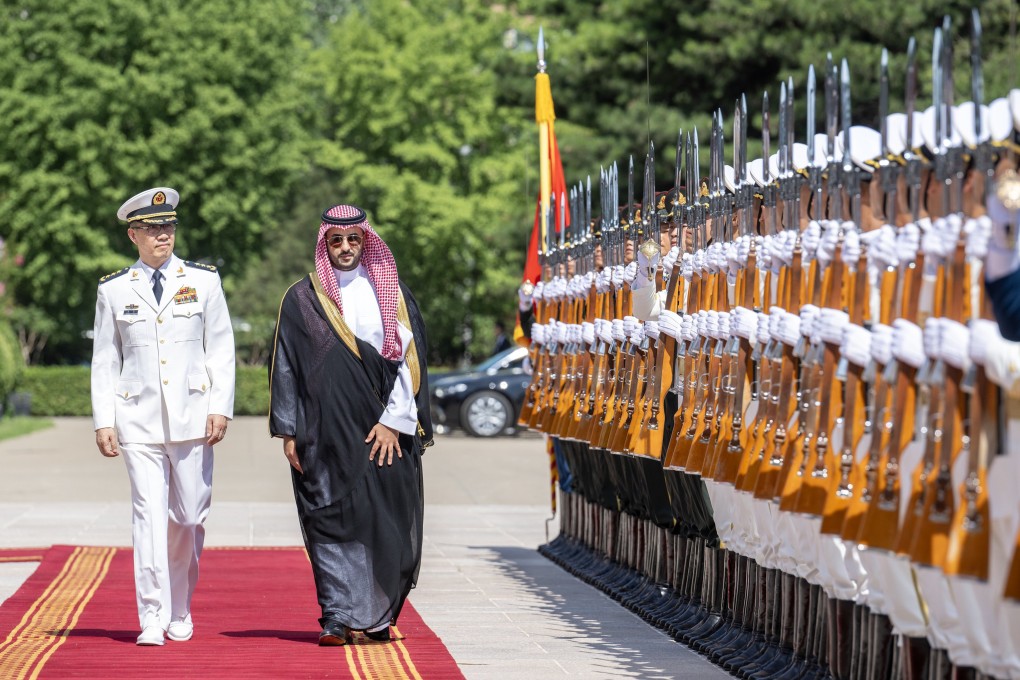 China’s Defence Minister Dong Jun welcomes his Saudi counterpart Prince Khalid bin Salman to Beijing on Tuesday. Photo: X/@modgovksa