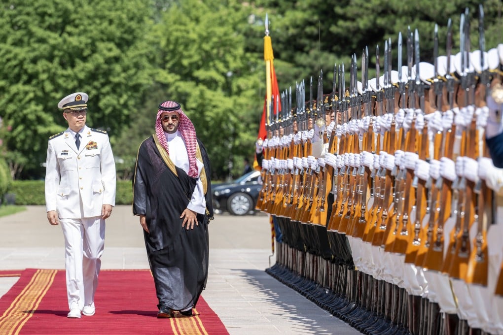 China’s Defence Minister Dong Jun welcomes his Saudi counterpart Prince Khalid bin Salman to Beijing on Tuesday. Photo: X/@modgovksa