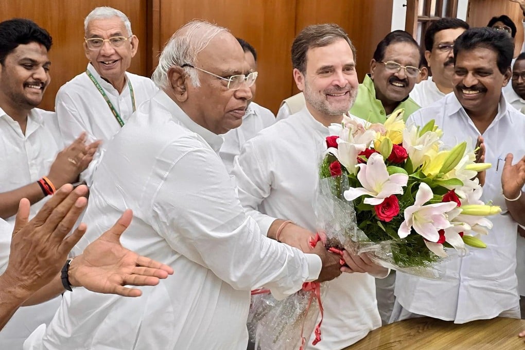 Congress leader Rahul Gandhi (centre) is greeted by the Congress President Mallikarjun Kharge at a meeting in New Delhi, India, on Wednesday 26 June 2024. Photo: EPA-EFE / Indian National Congress