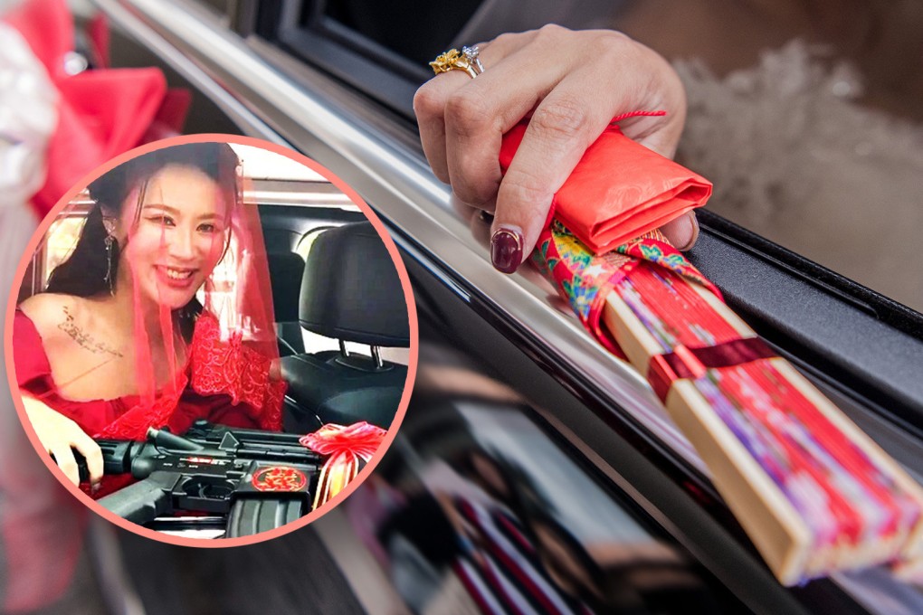 A bride in Taiwan took a unique approach to tradition on her big day by replacing a customary paper fan with a toy machine gun. Photo: SCMP composite/Shutterstock/Guangming.com