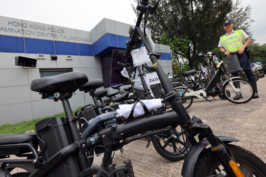 Acting Chief Inspector Ngai Siu-cheong of the New Territories North traffic unit at a press conference on the arrests of 84 people over illegally using electric mobility devices. Photo: Jelly Tse