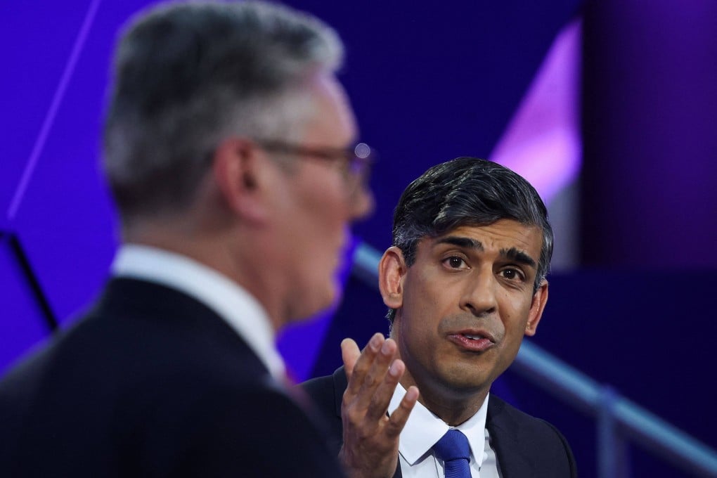 Britain’s Prime Minister and Conservative Party leader Rishi Sunak speaks during a live TV debate in Nottingham on Wednesday. Photo: AFP