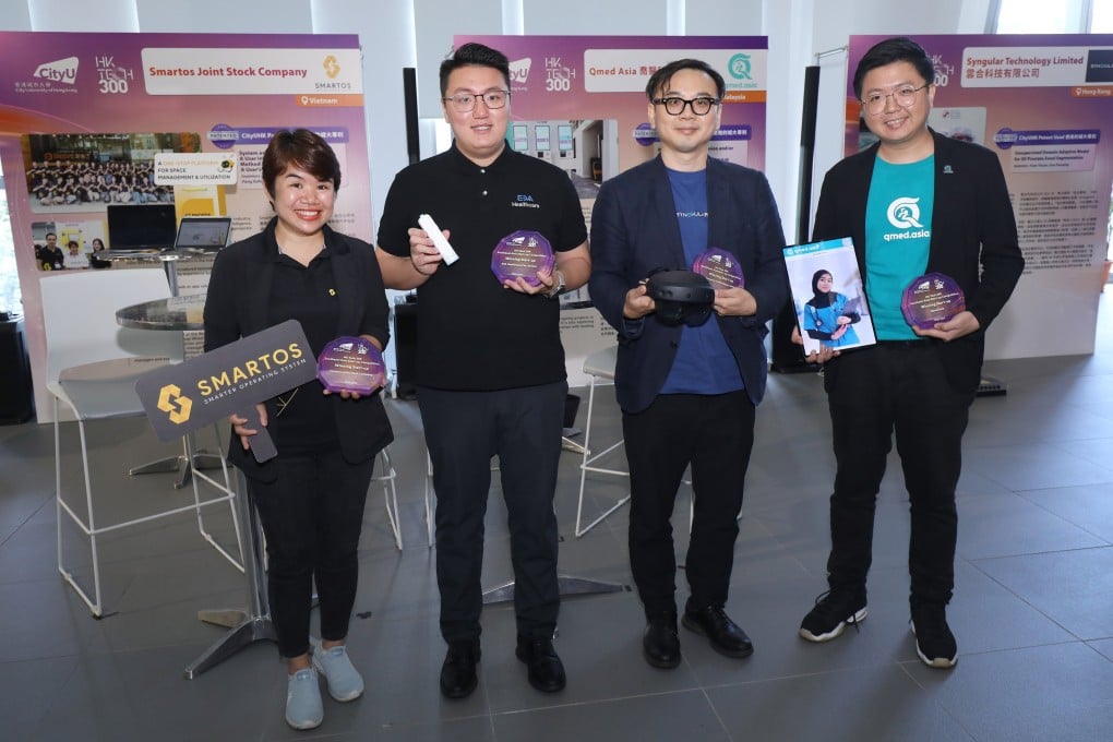 Competition winners (from left) Tran Hanh Trang of Smartos, Harry Chen from E3A Healthcare, Louis Sze of Syngular in Hong Kong and Dr Kev Lim of Malaysia’s Qmed Asia. Photo: Handout