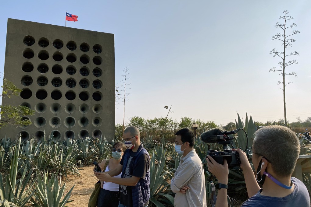 S. Leo Chiang films at the Beishan Broadcast Wall, a bank of 48 loudspeakers on the Quemoy Islands once used to blast Taiwanese propaganda towards nearby Xiamen in mainland China. Photo: courtesy of Island In Between