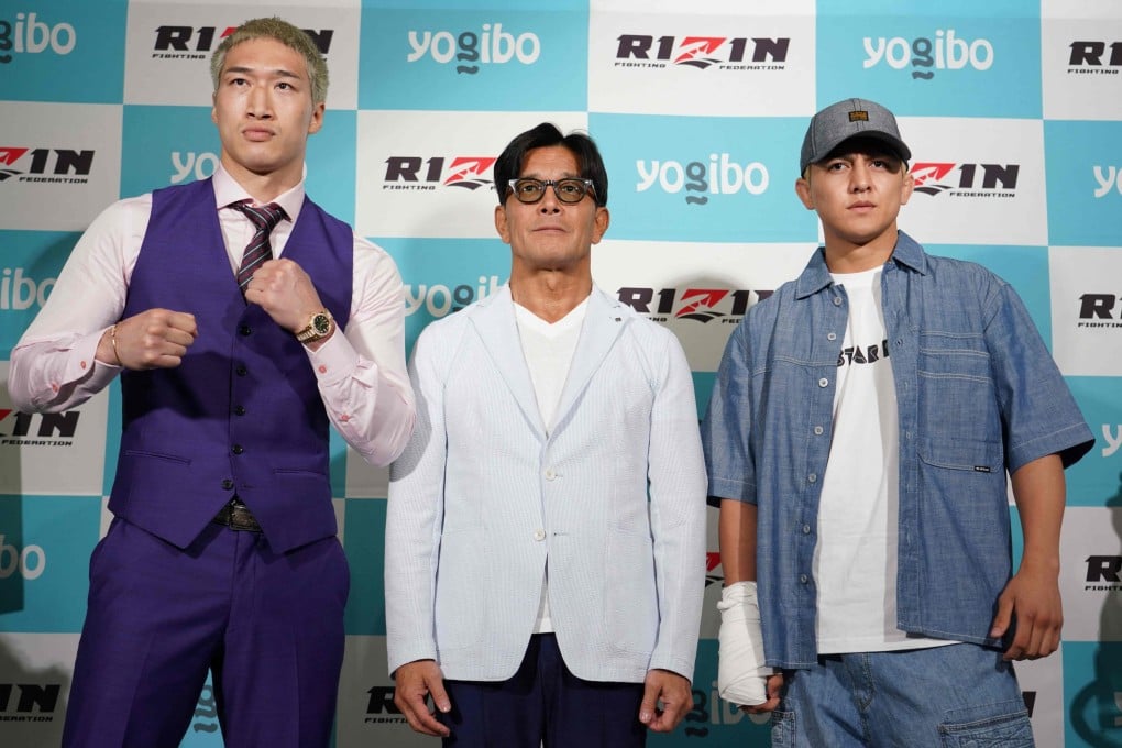 (From left) Japanese mixed martial artist Rukiya Anpo, who is Manny Pacquiao’s new opponent; Rizin fighting federation CEO Nobuyuki Sakakibara and Chihiro Suzuki, who withdrew from the fight with a broken hand. Photo: AFP