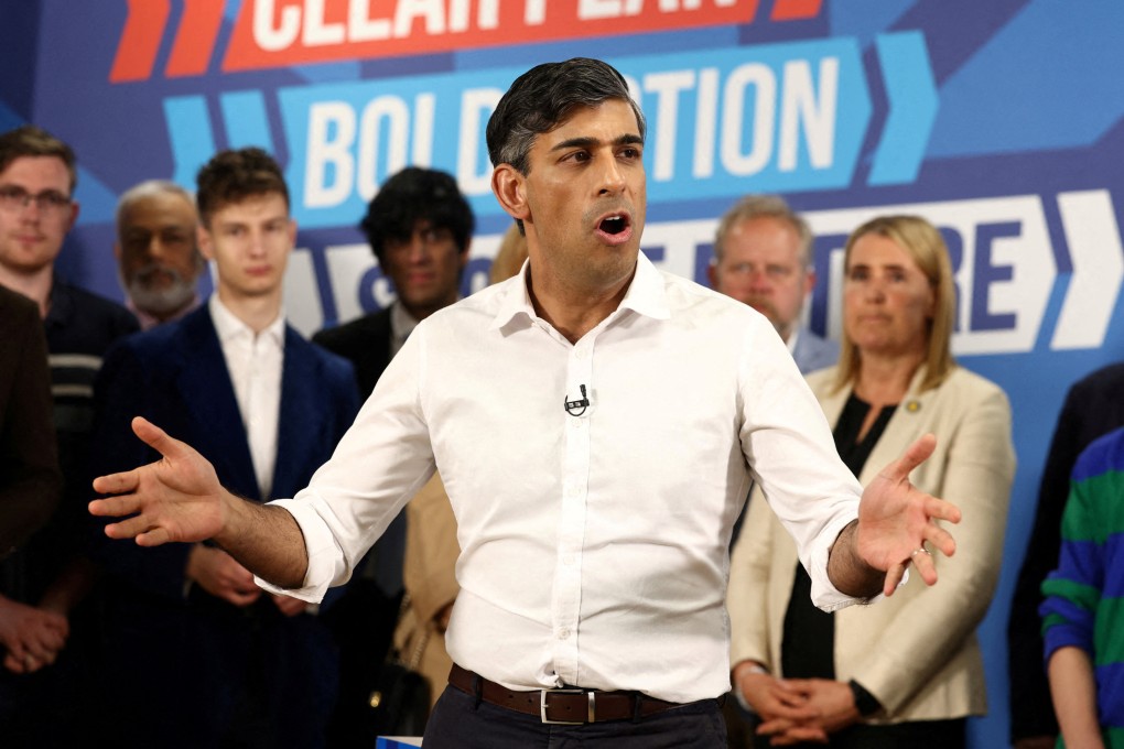 Britain’s Prime Minister Rishi Sunak delivers a speech in Leeds, northern England, on Thursday. Photo: Reuters