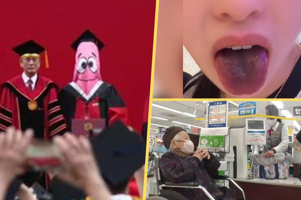 A Chinese graduation student made headlines for donning a cartoon outfit, two women had black tongues after a hotpot meal, and a customer-centric slow service approach has garnered attention in Japan. Photo: SCMP composite/ANN News/The Paper