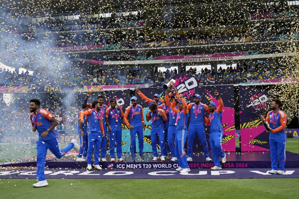 India’s players celebrate after beating South Africa in the T20 World Cup final. Photo: AP