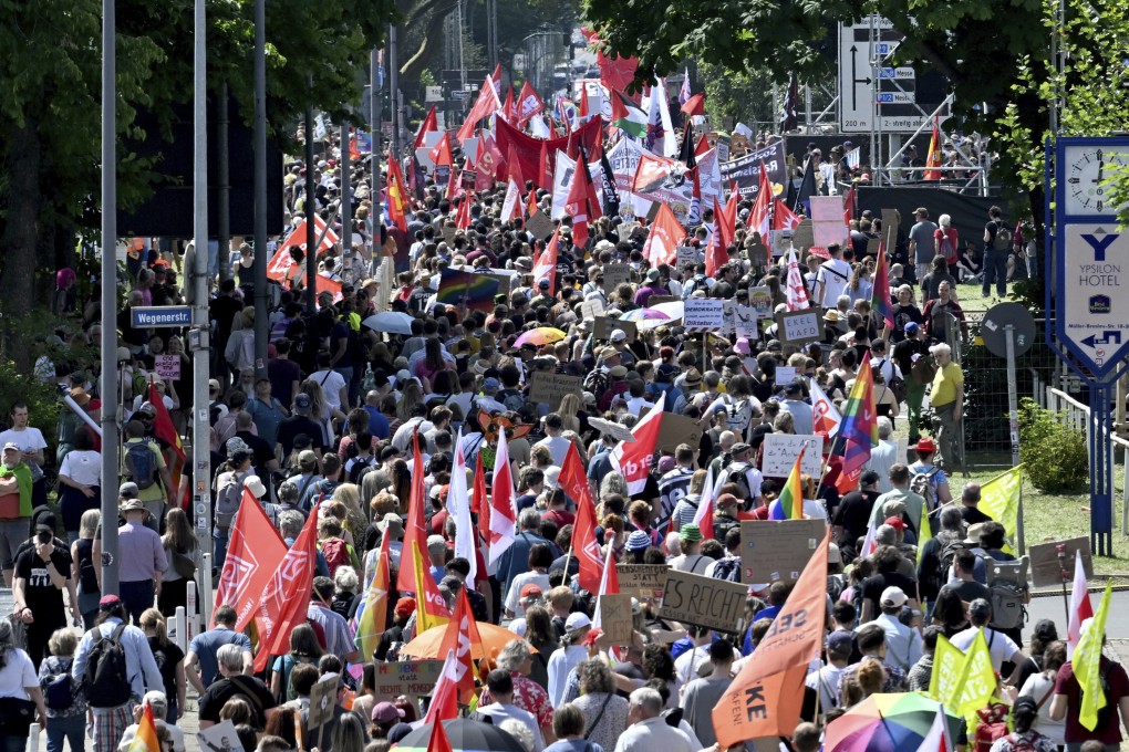 Protesters gather to demonstrate against the AfD during the party’s convention in Essen, Germany, on Saturday. Photo: dpa via AP